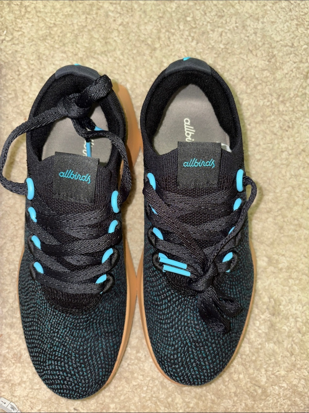 allbirds Women's dasher Black Knit Sneakers with Turquoise Accents and Gum Sole
